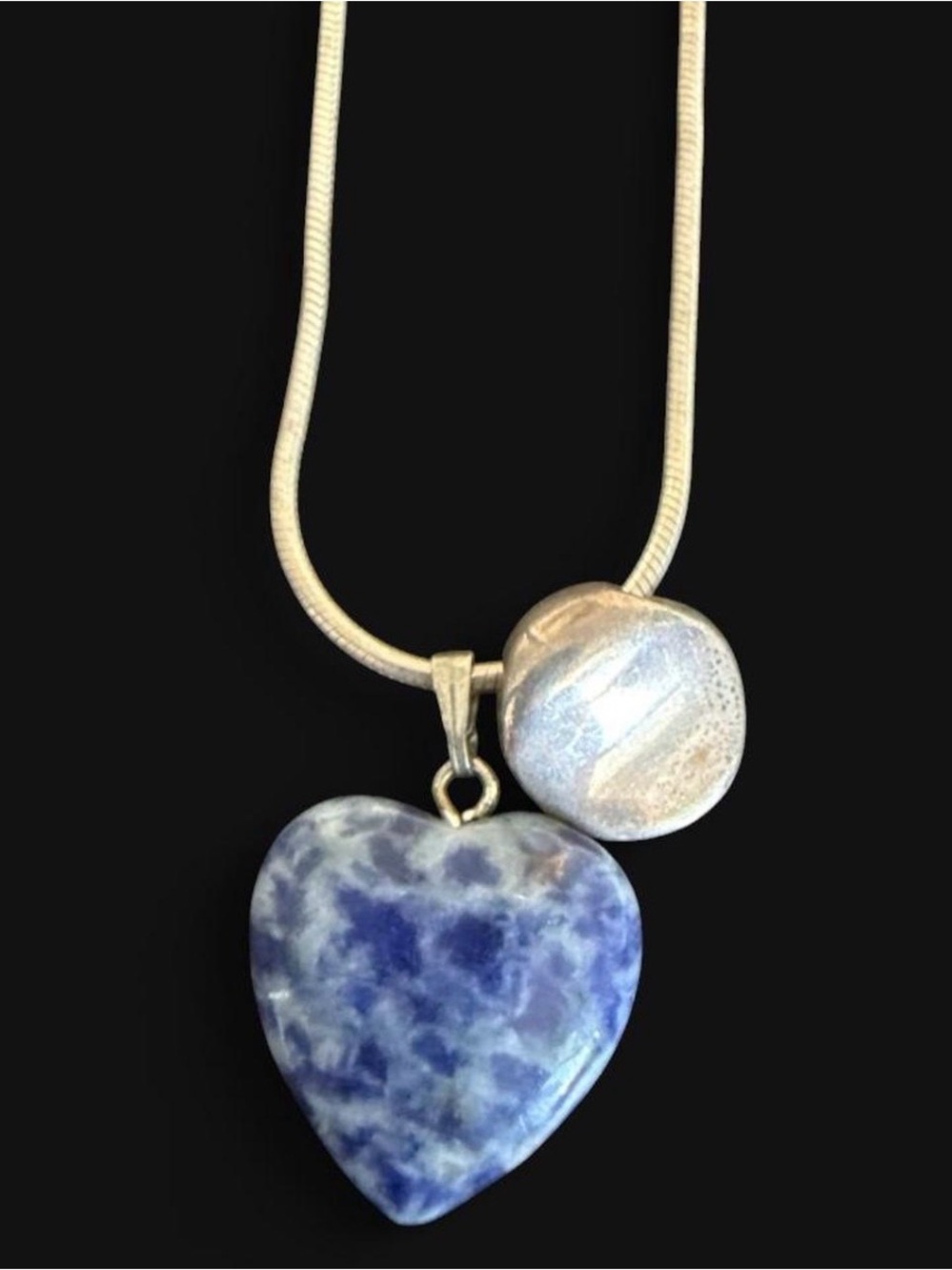 Vintage Sterling Silver Blue Marbled Sodalite Heart Pendant Necklace 7.5”